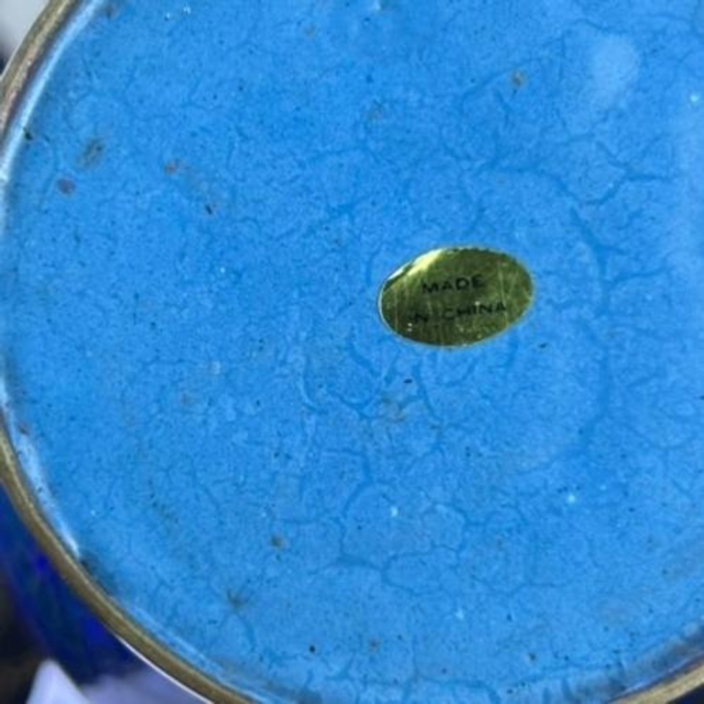 Large Blue Cloisonné 10" Floral Vase Brass Trim Vintage Elegance - Picture 8 of 10